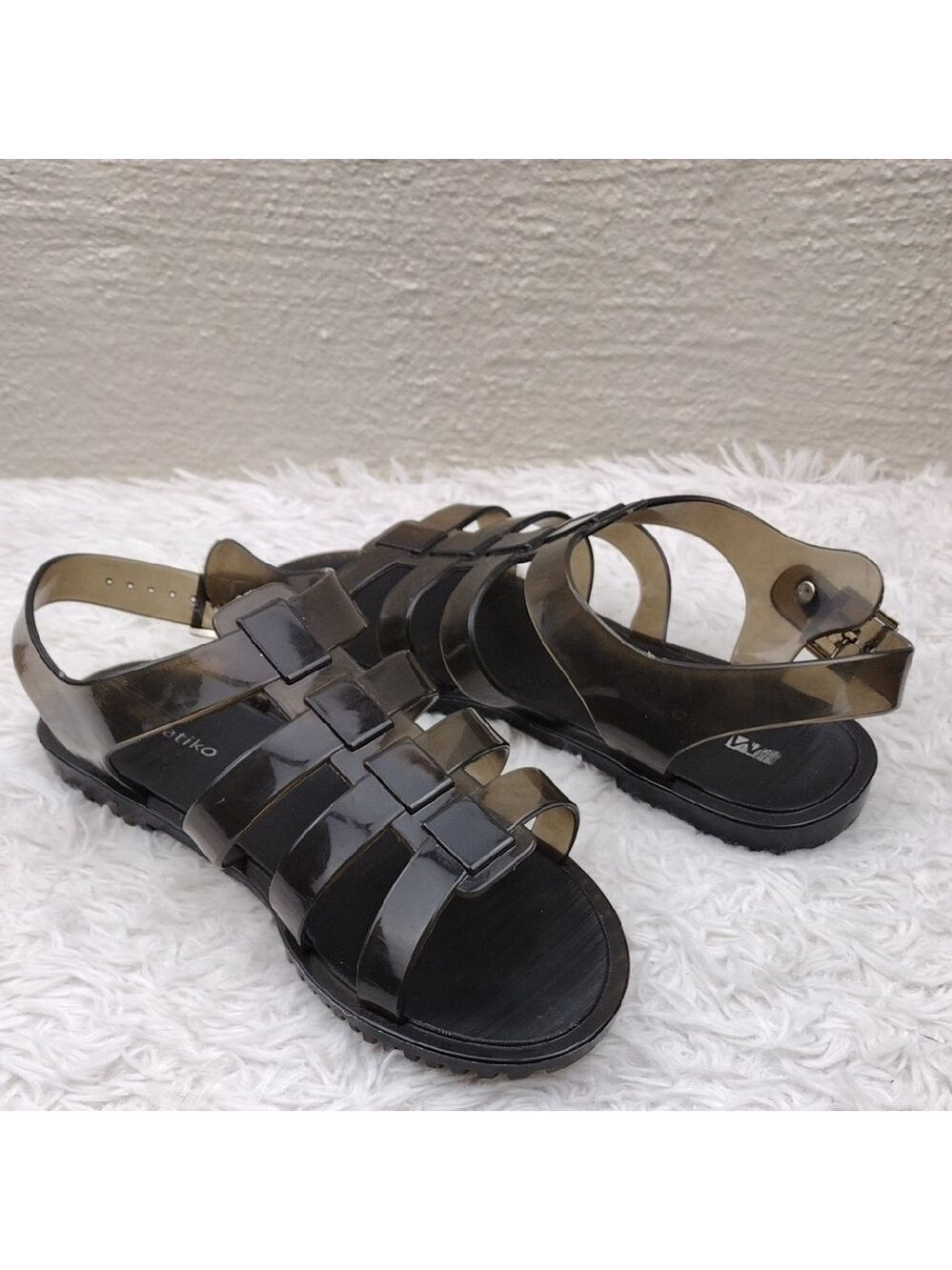 Matiko Black Rubber Upper Open Toe Adjustable Buckle Slingback Sandal Shoe
